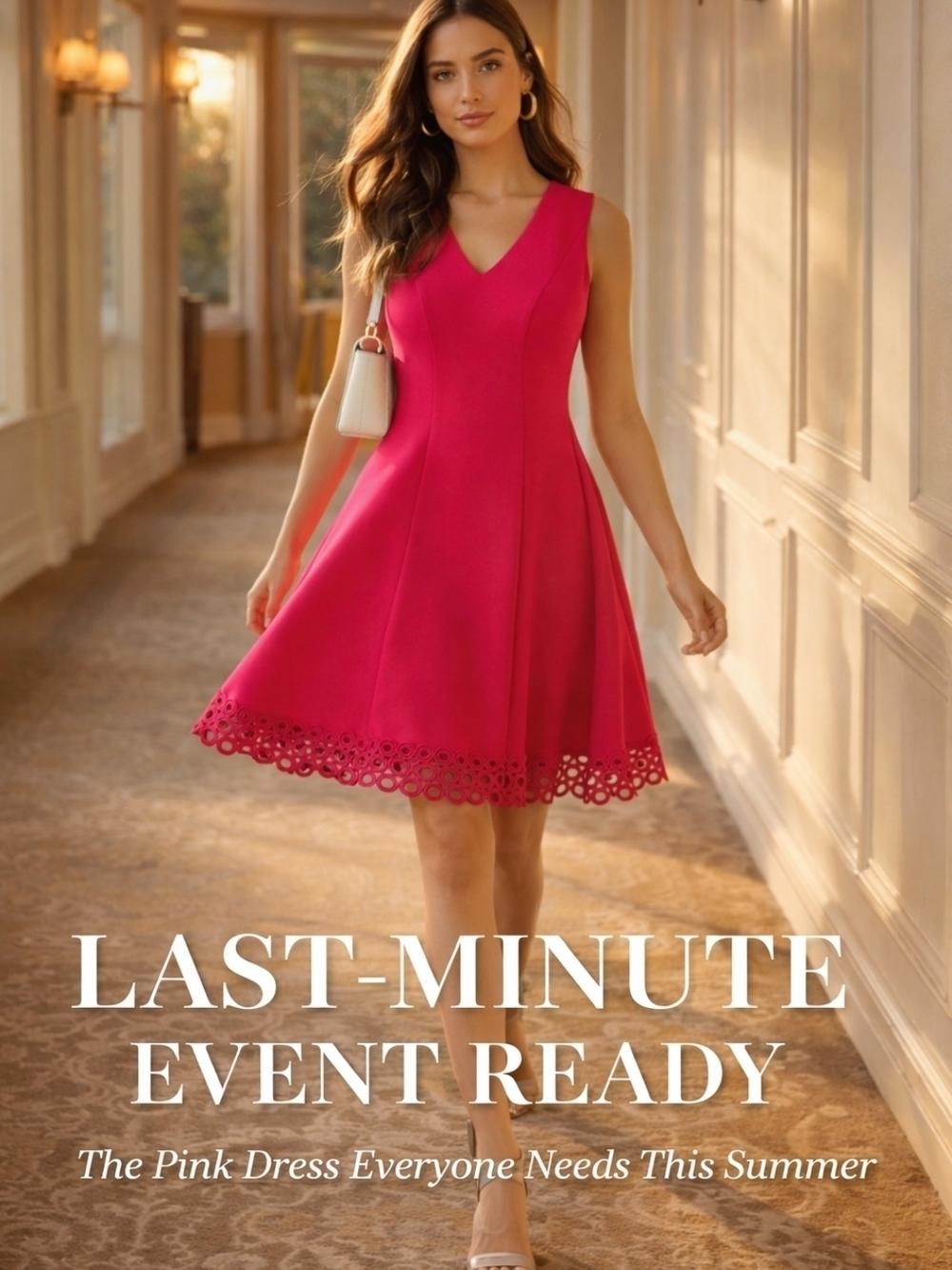 Donna Ricco Hot Pink Fit & Flare Dress Laser Cut Hem Sleeveless Spring Summer 8P